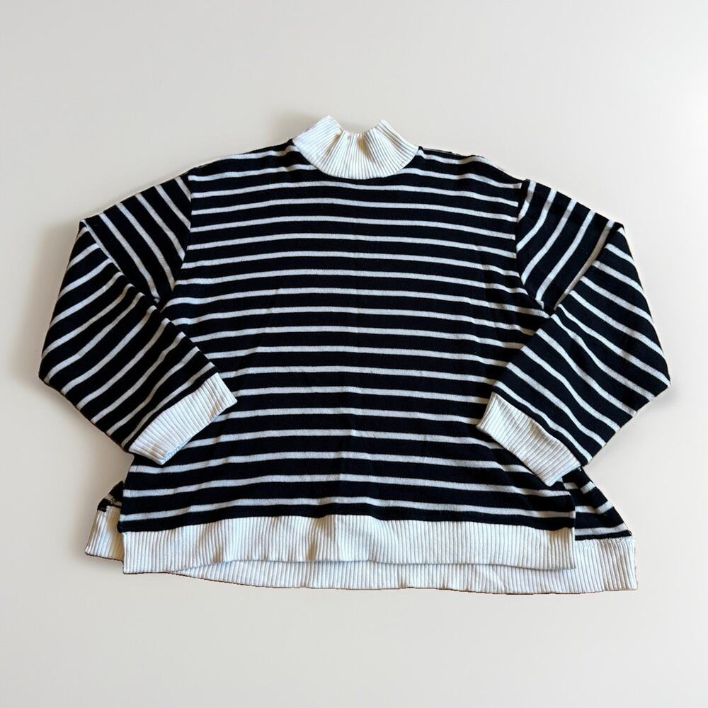 Zara Striped Sweater Womens S Black Cream Mock Neck Knit Long Sleeve Cropped Top